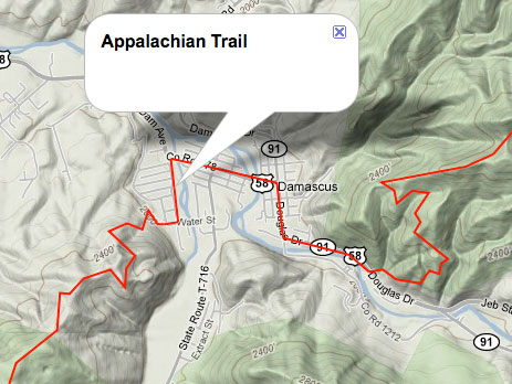 Terrain map showing Appalachian Trail running through Damascus.