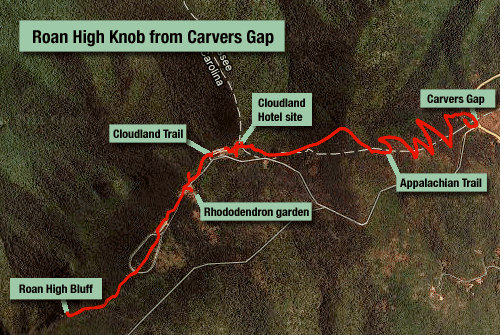 Roan High Knob from Carvers Gap, taking in Appalachian Trail and Cloudland Trail